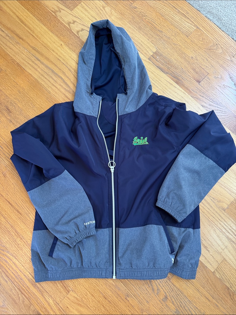 Fighting Irish Navy & Gray Hooded Zip Windbreaker with Green Script Logo